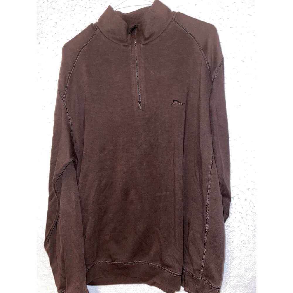Tommy Bahama Mens L Brown Sweater Embroidered Long Sleeve 1/4 zip Pullover